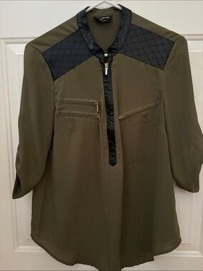 bebe Black Faux Leather Collar Blouse with Olive Lining
